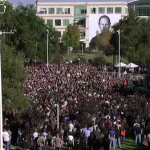 Assembled Apple employees at the company memorial to Steve Jobs.